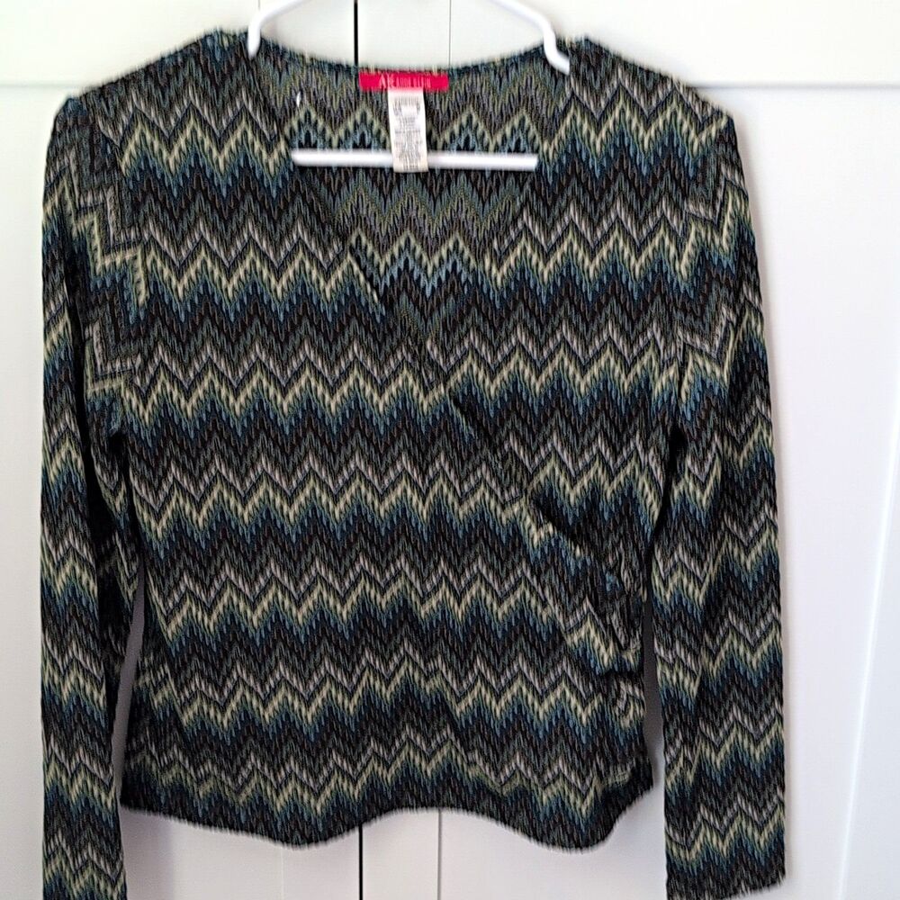 Anne Klein Chevron Top Medium Green Brown Space Dye Faux Wrap Surplice Blouse M